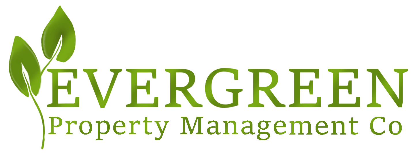 A logo for Evergreen Property Management Co. featuring a green leaf.